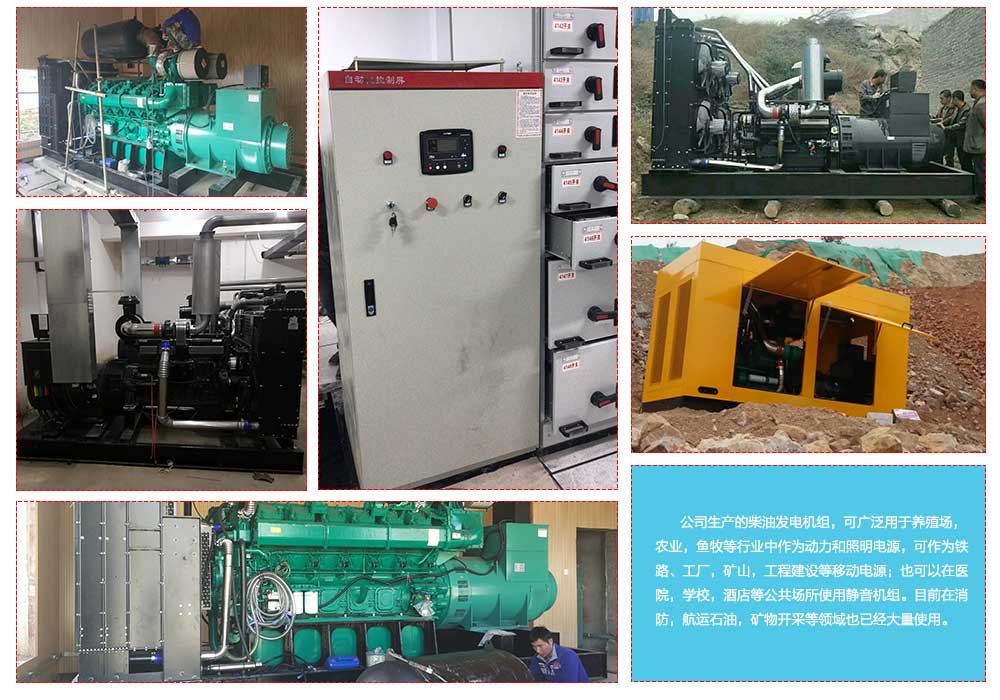        公司生產(chǎn)的柴油發(fā)電機組，可廣泛用于養(yǎng)殖場，農(nóng)業(yè)，魚牧等行業(yè)中作為動力和照明電源，可作為鐵路、工廠，礦山，工程建設等移動電源；也可以在醫(yī)院，學校，酒店等公共場所使用靜音機組。目前在消防，航運石油，礦物開采等領域也已經(jīng)大量使用。